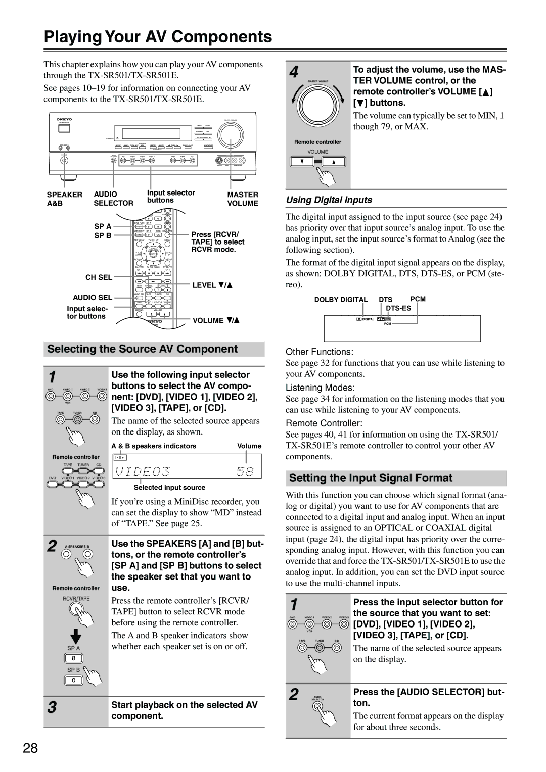 Onkyo TX-SR501E Playing Your AV Components, Selecting the Source AV Component, Setting the Input Signal Format 