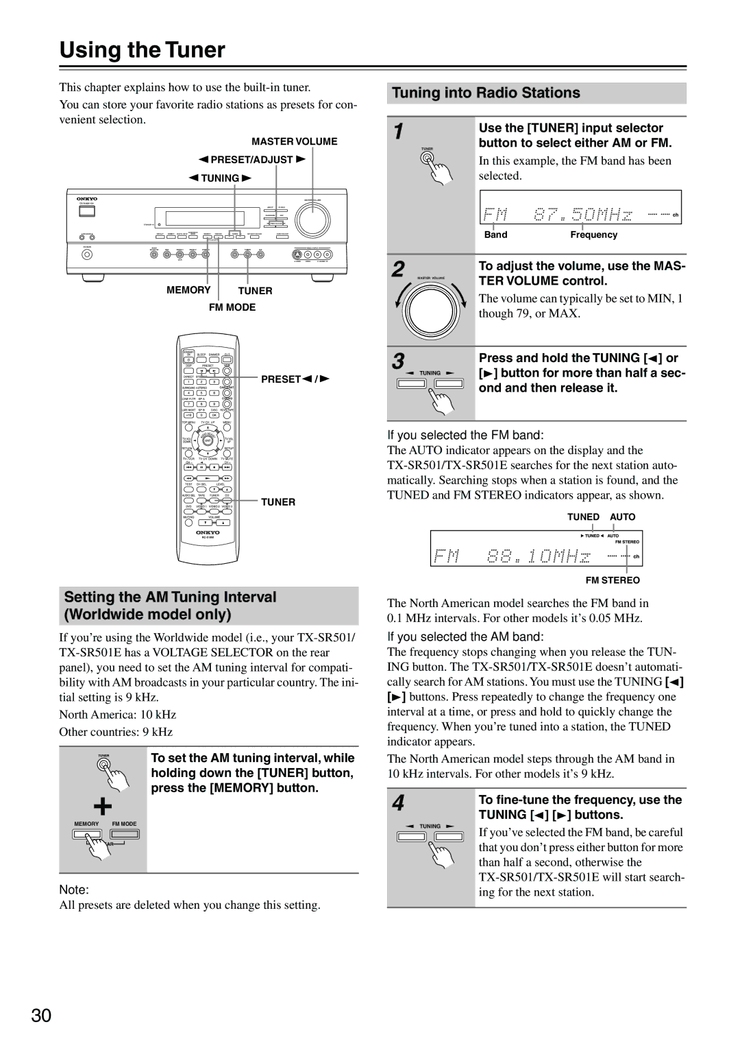 Onkyo TX-SR501E Using the Tuner, Setting the AM Tuning Interval Worldwide model only, Tuning into Radio Stations 