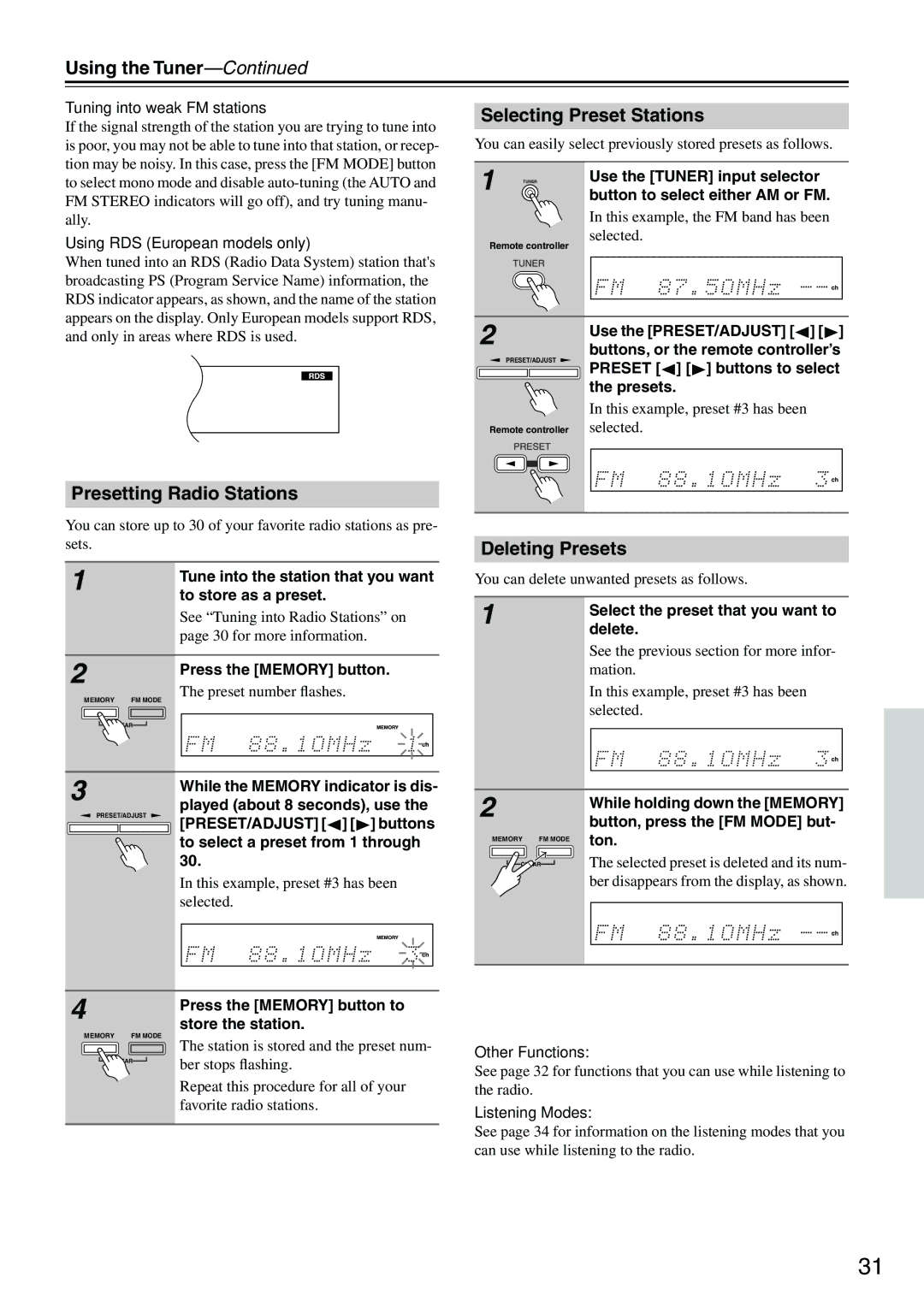 Onkyo TX-SR501E instruction manual Using the Tuner, Presetting Radio Stations, Selecting Preset Stations, Deleting Presets 