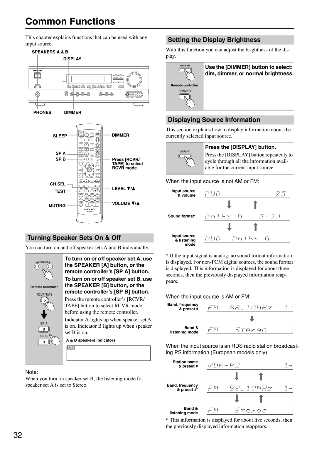 Onkyo TX-SR501E instruction manual Common Functions, Turning Speaker Sets On & Off, Setting the Display Brightness 