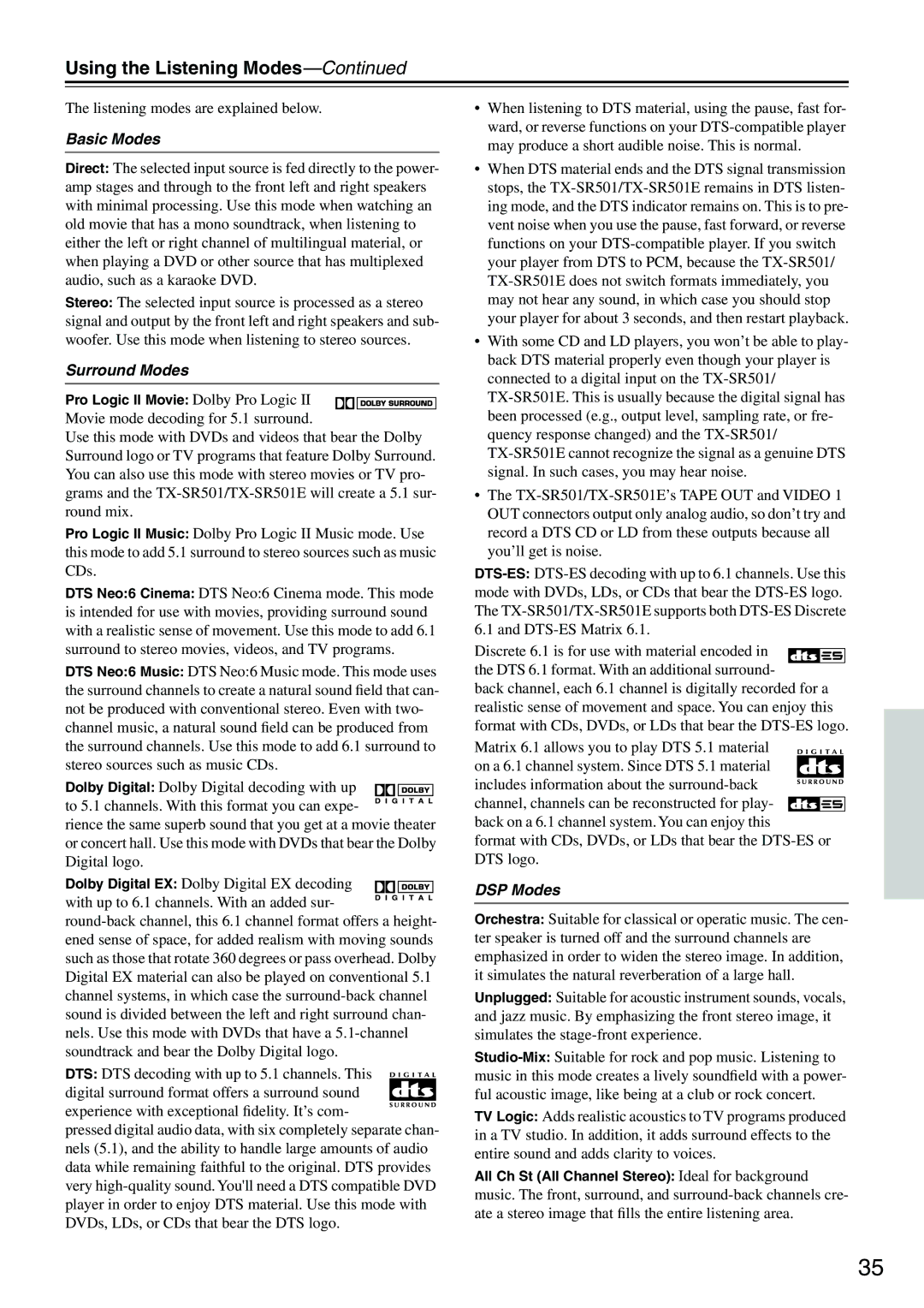 Onkyo TX-SR501E instruction manual Using the Listening Modes, Basic Modes, Surround Modes, DSP Modes 