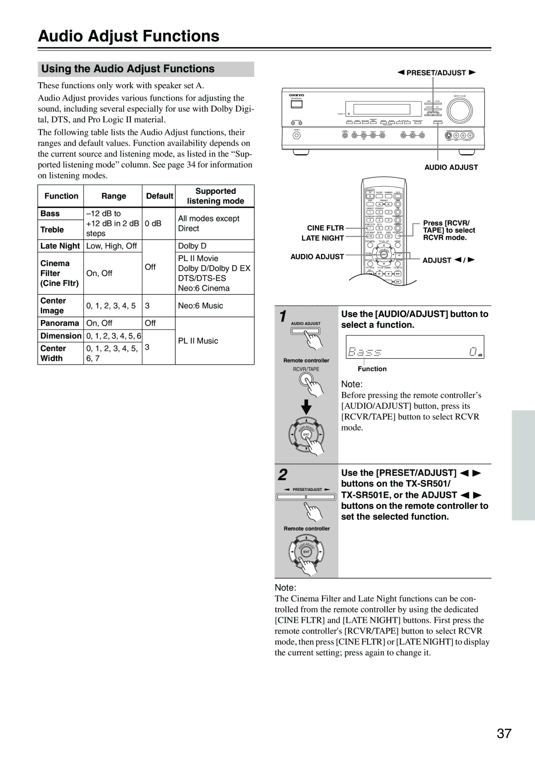 Onkyo TX-SR501E instruction manual Using the Audio Adjust Functions 