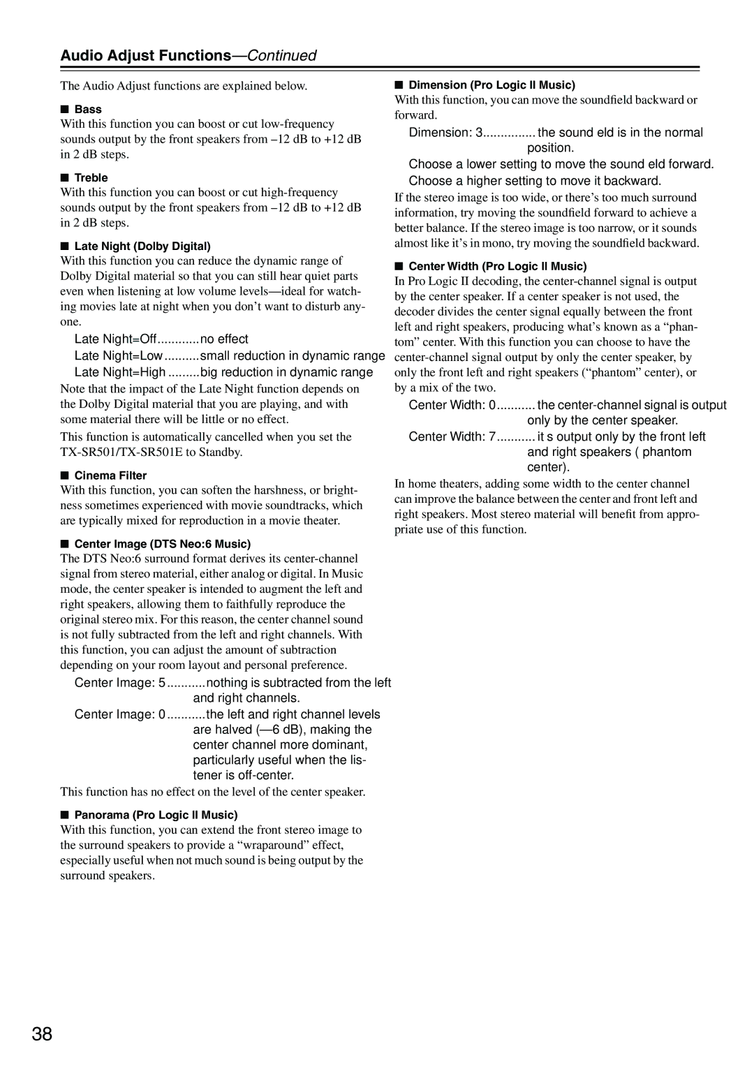 Onkyo TX-SR501E instruction manual Audio Adjust Functions 