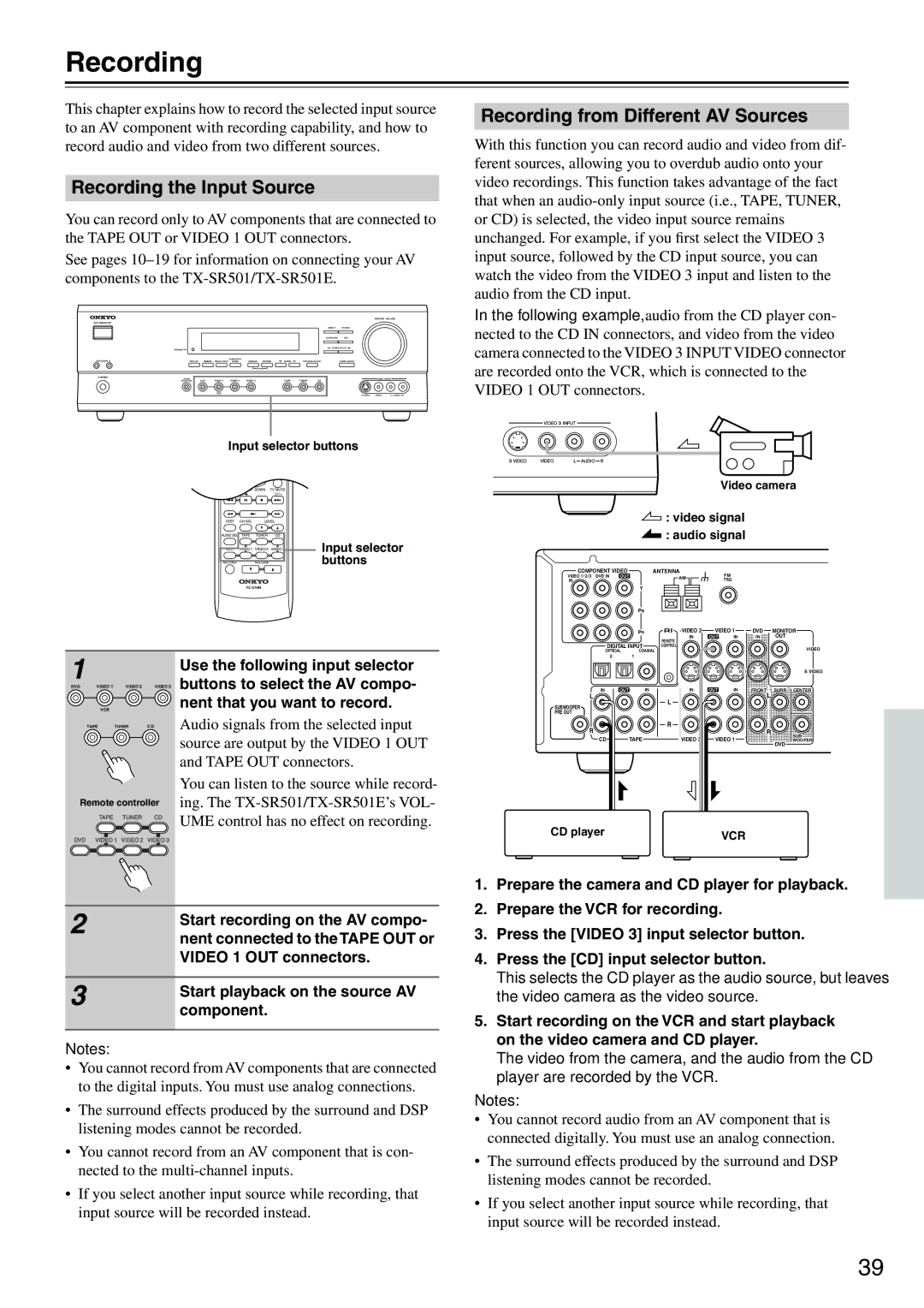 Onkyo TX-SR501E instruction manual Recording the Input Source, Recording from Different AV Sources 