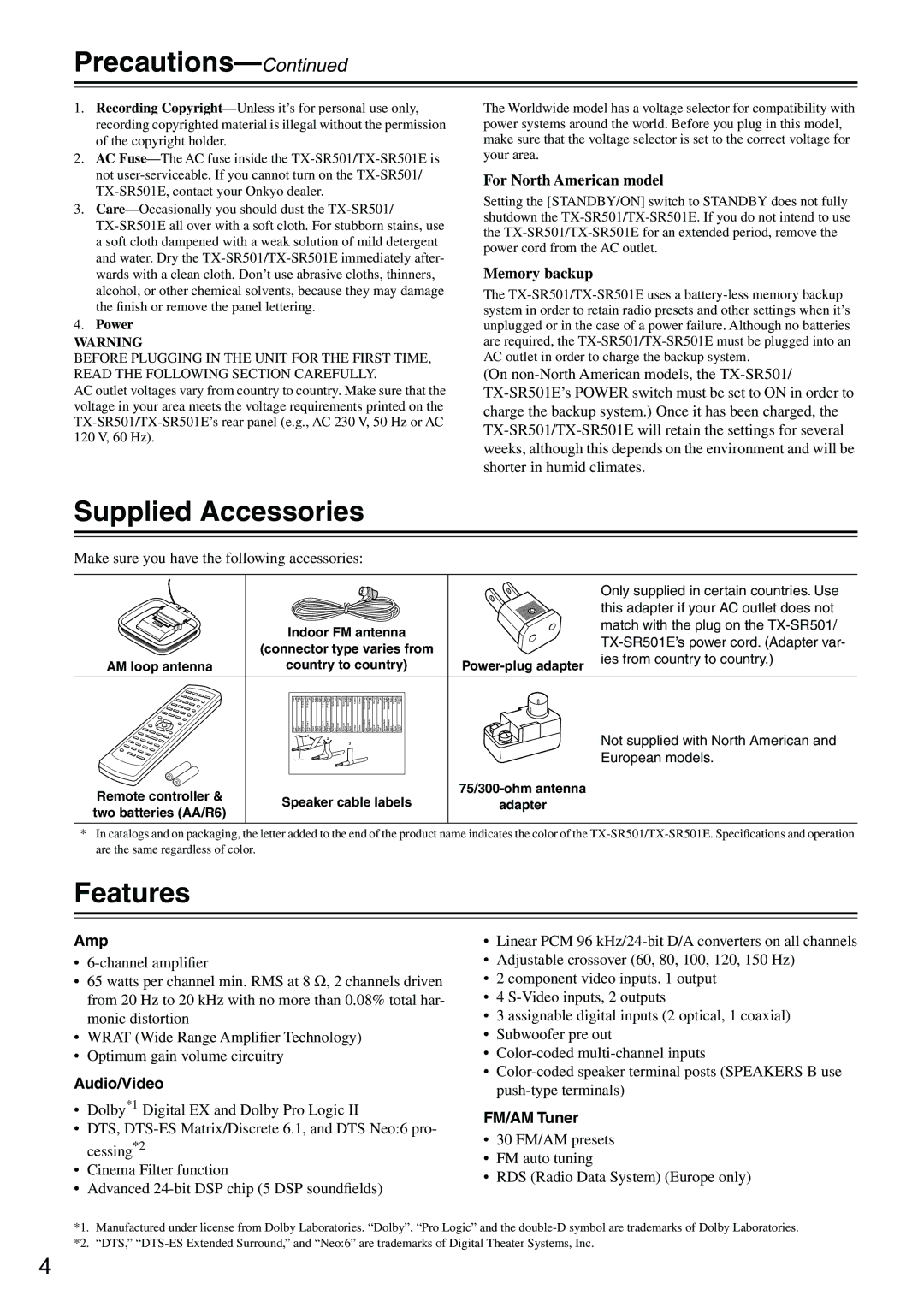 Onkyo TX-SR501E instruction manual Supplied Accessories, Features, Amp, Audio/Video, FM/AM Tuner 