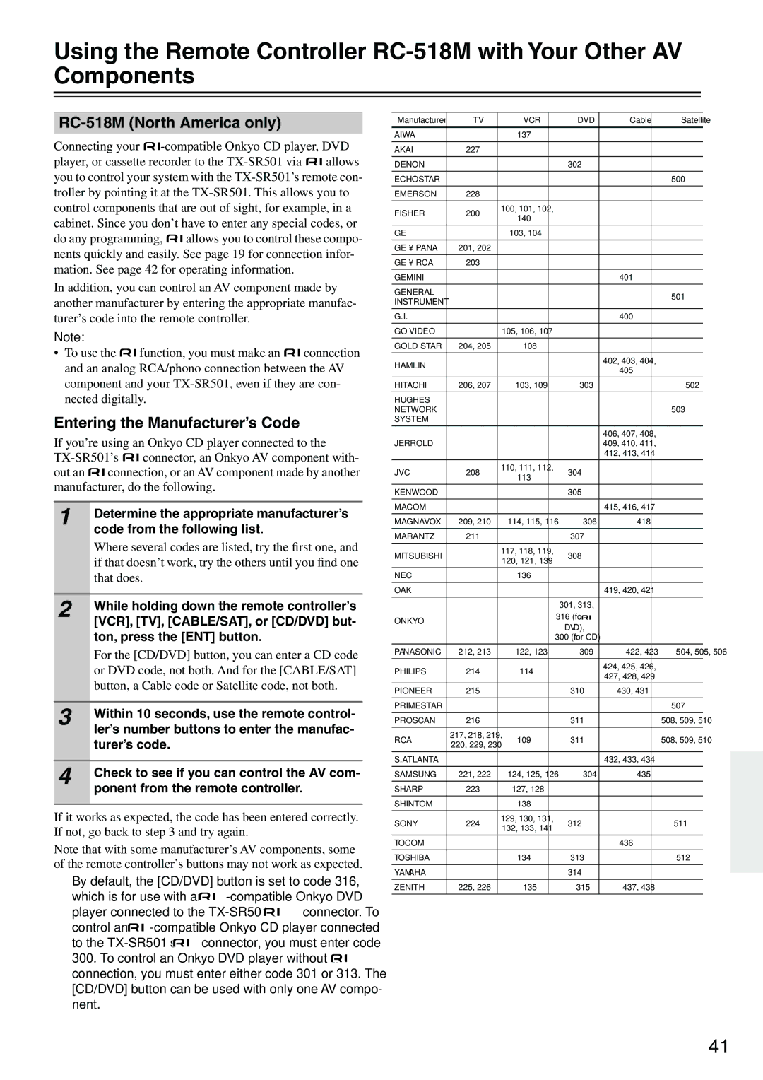 Onkyo TX-SR501E instruction manual RC-518M North America only, Entering the Manufacturer’s Code 