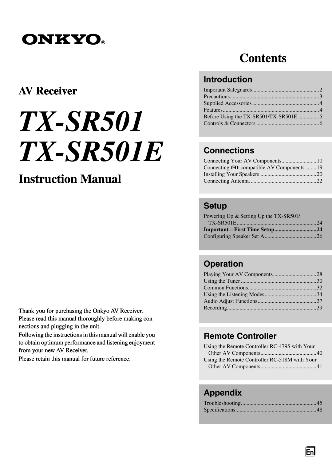 Onkyo instruction manual TX-SR501 TX-SR501E, Contents, AV Receiver, Introduction, Connections, Setup, Operation 