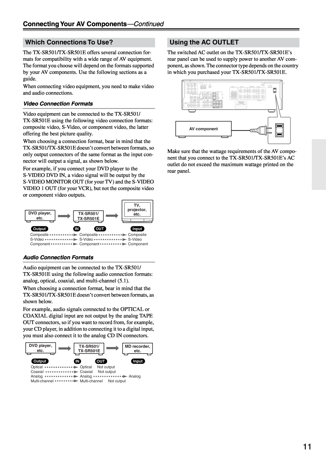 Onkyo TX-SR501E instruction manual Connecting Your AV Components-Continued, Which Connections To Use?, Using the AC OUTLET 