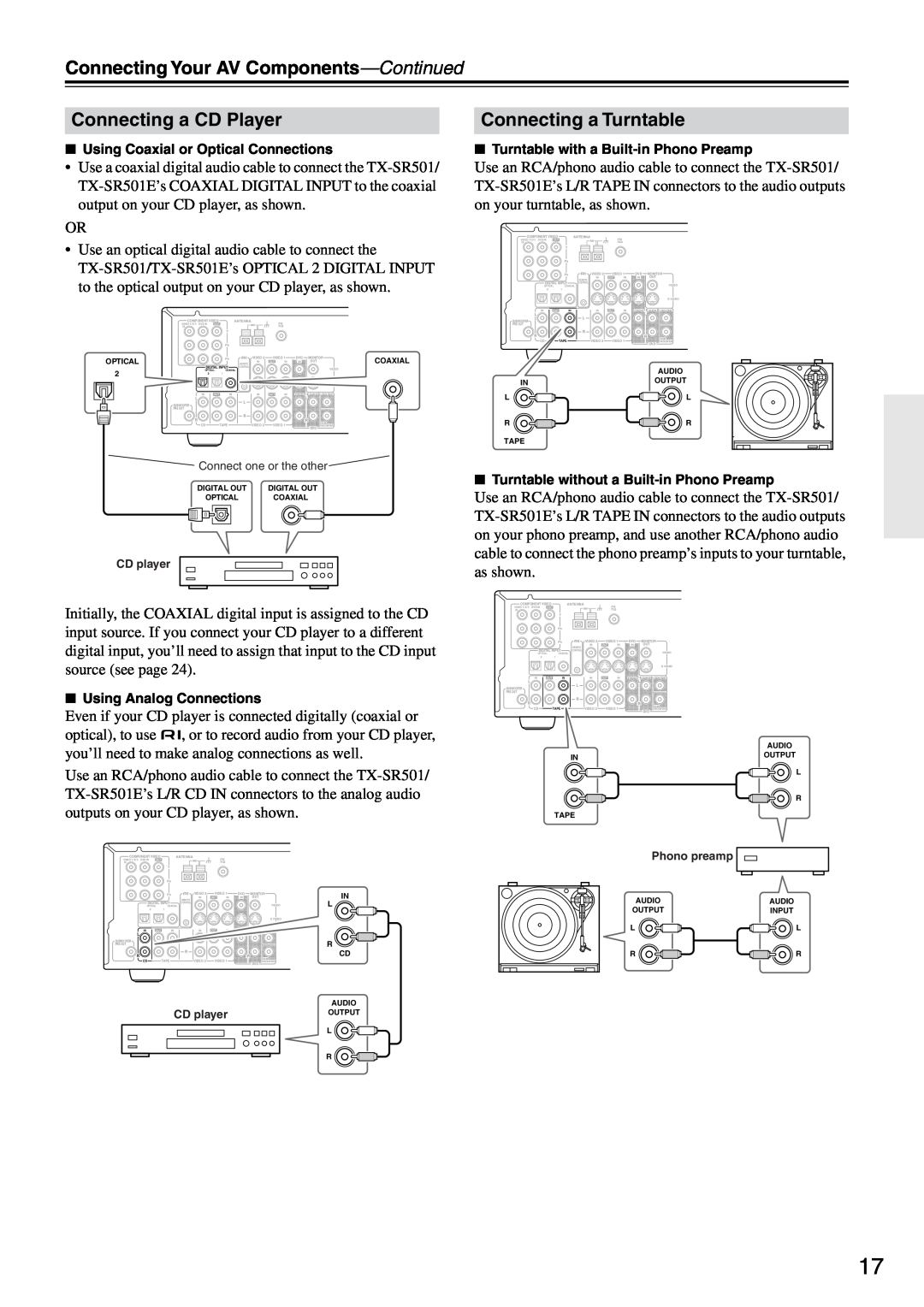 Onkyo TX-SR501E instruction manual Connecting a CD Player, Connecting a Turntable, Connecting Your AV Components-Continued 