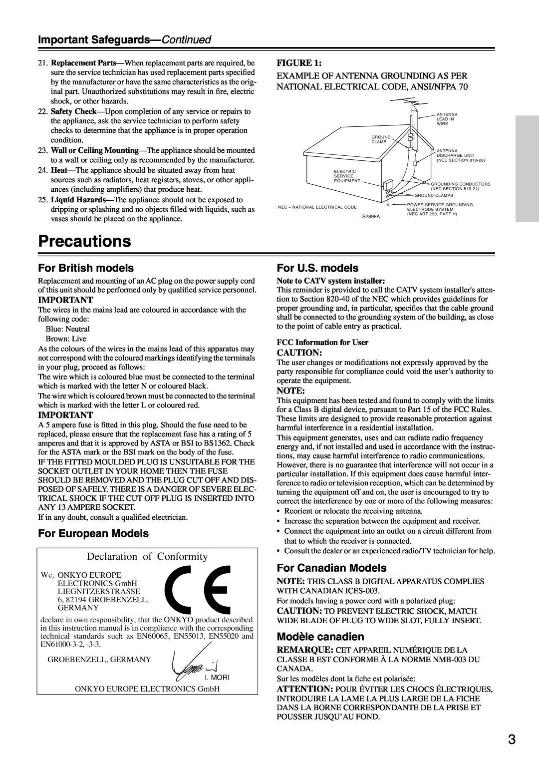 Onkyo TX-SR501E Precautions, Important Safeguards-Continued, For British models, For European Models, For U.S. models 