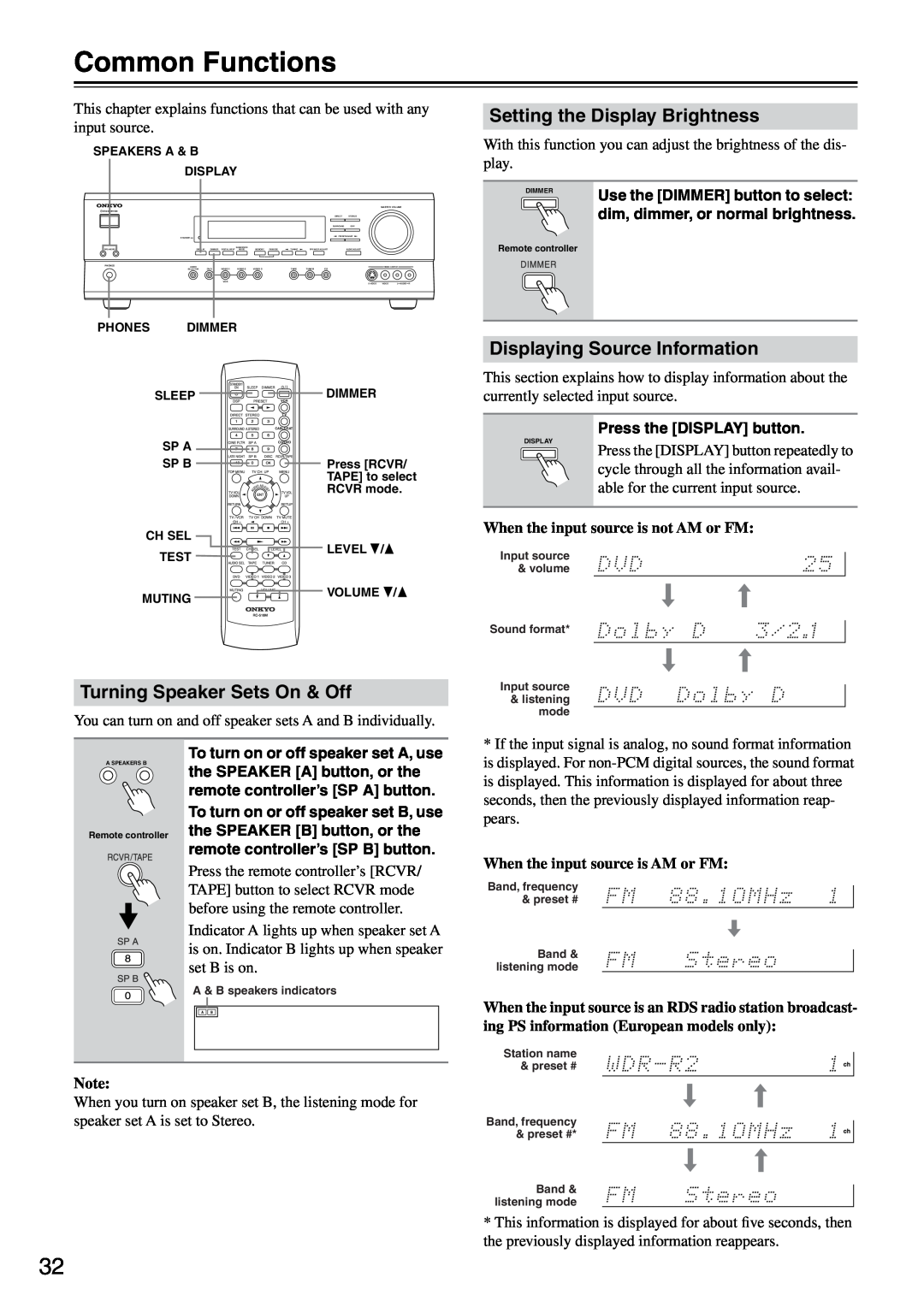 Onkyo TX-SR501E instruction manual Common Functions, Turning Speaker Sets On & Off, Setting the Display Brightness 