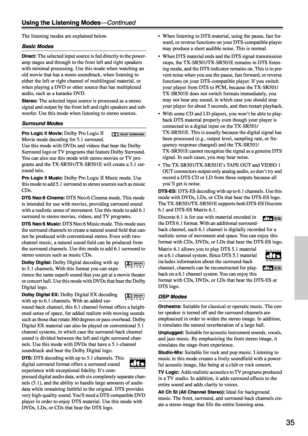Onkyo TX-SR501E instruction manual Using the Listening Modes-Continued, Basic Modes, Surround Modes, DSP Modes 