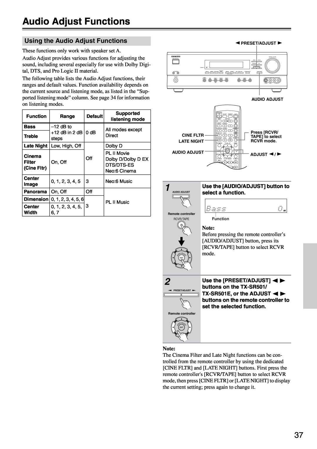 Onkyo TX-SR501E instruction manual Using the Audio Adjust Functions 
