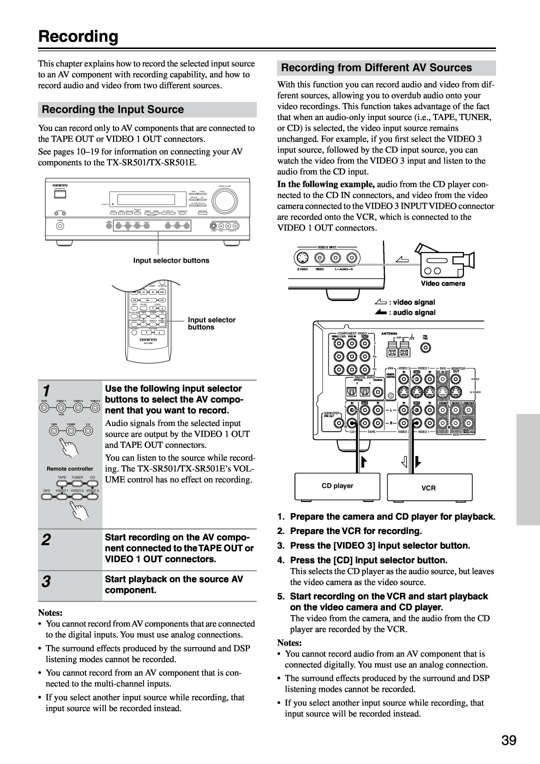 Onkyo TX-SR501E instruction manual Recording the Input Source, Recording from Different AV Sources 