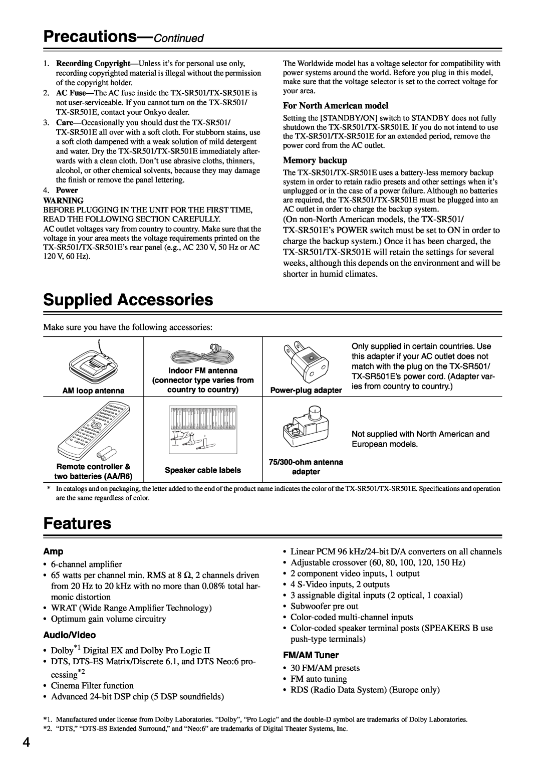 Onkyo TX-SR501E Precautions-Continued, Supplied Accessories, Features, For North American model, Memory backup 