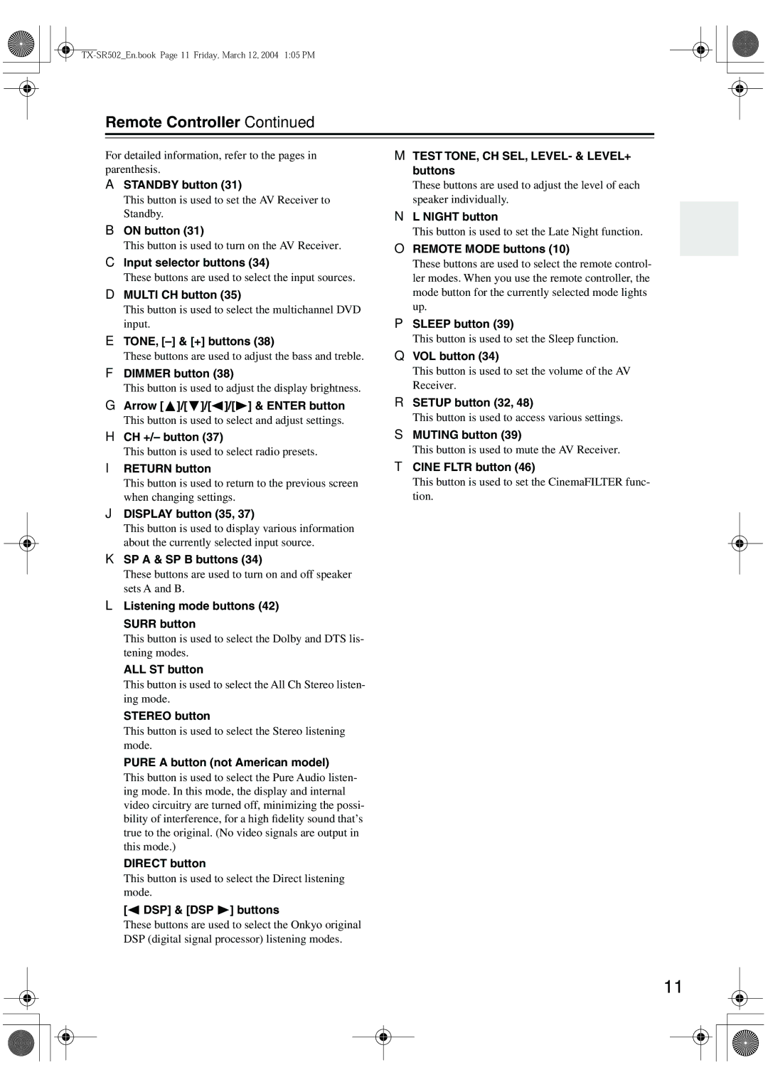 Onkyo TX-SR8250, TX-SR502E instruction manual Remote Controller 