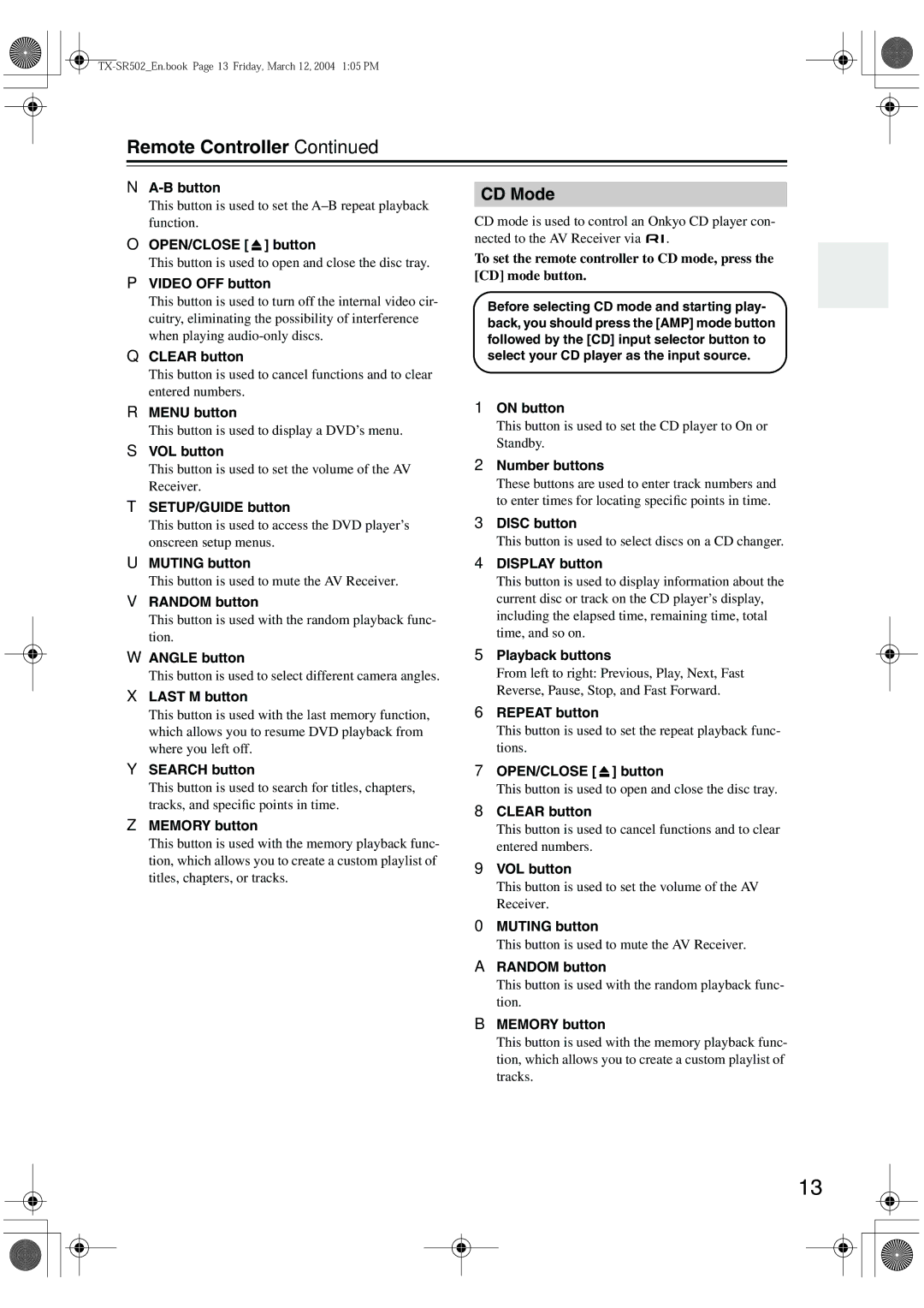 Onkyo TX-SR502E, TX-SR8250 instruction manual CD Mode 