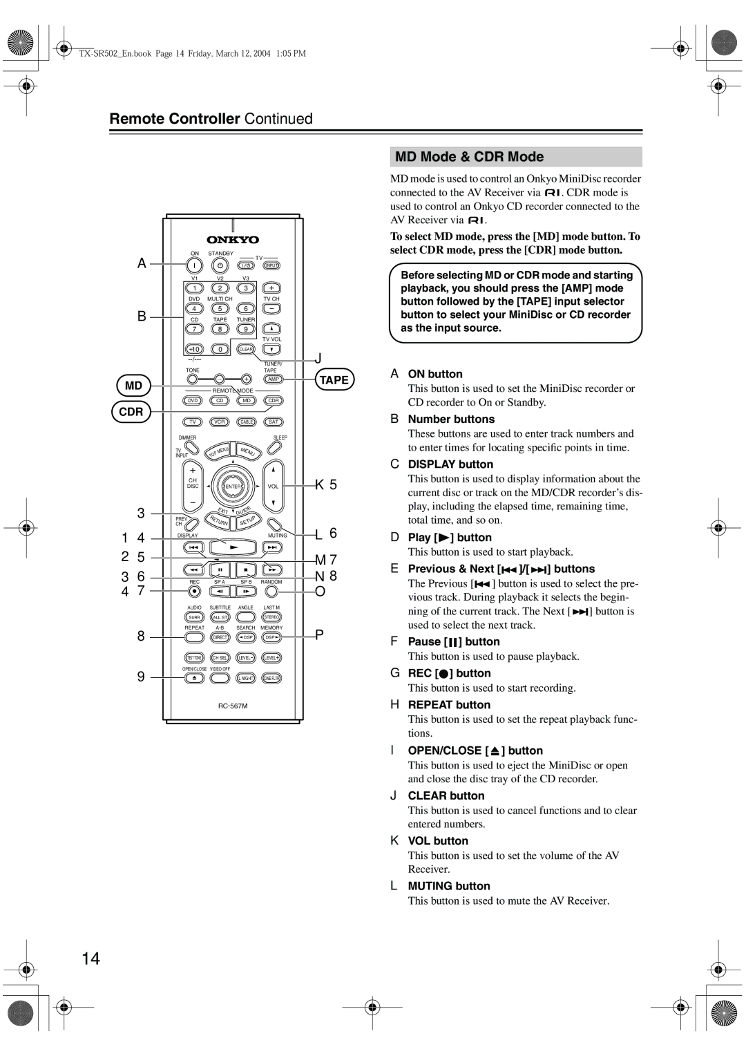 Onkyo TX-SR8250, TX-SR502E instruction manual MD Mode & CDR Mode, Tape, Cdr 