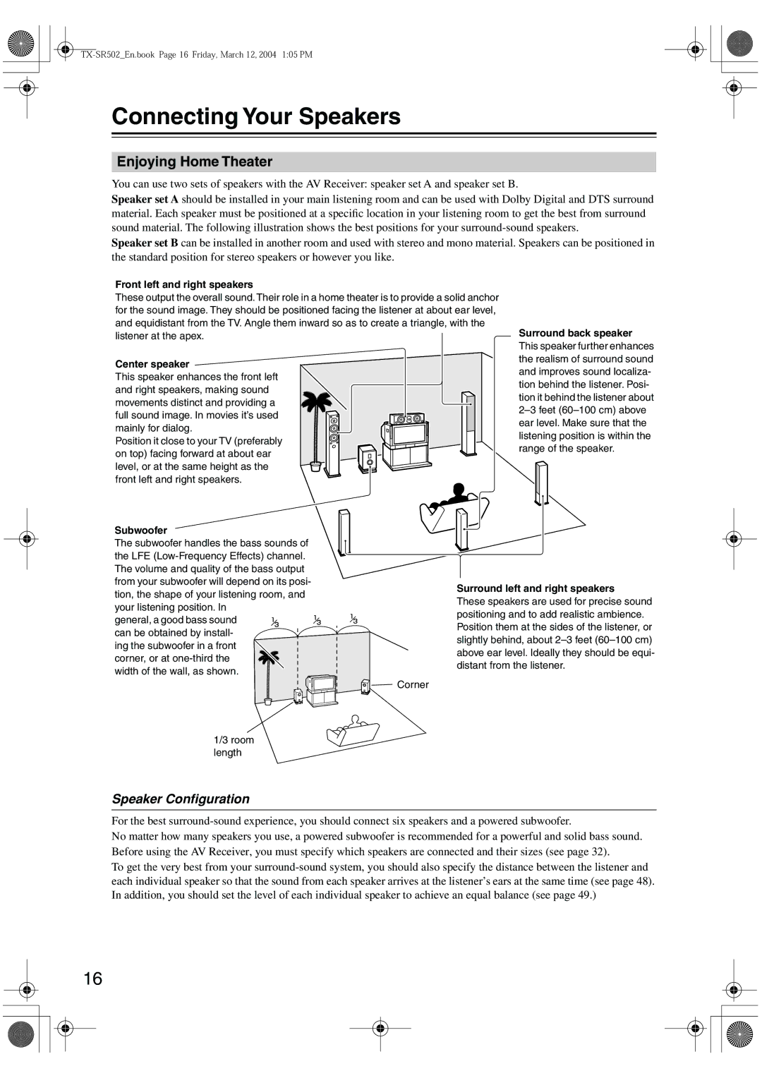 Onkyo TX-SR502E, TX-SR8250 instruction manual Connecting Your Speakers, Enjoying Home Theater, Speaker Conﬁguration 