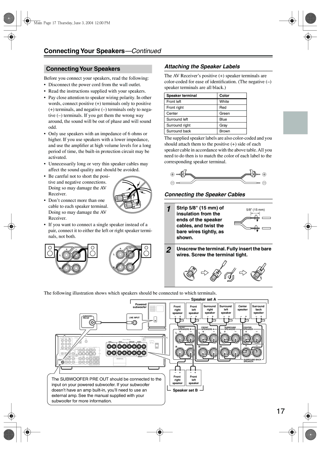 Onkyo TX-SR8250, TX-SR502E Connecting Your Speakers, Attaching the Speaker Labels, Connecting the Speaker Cables 