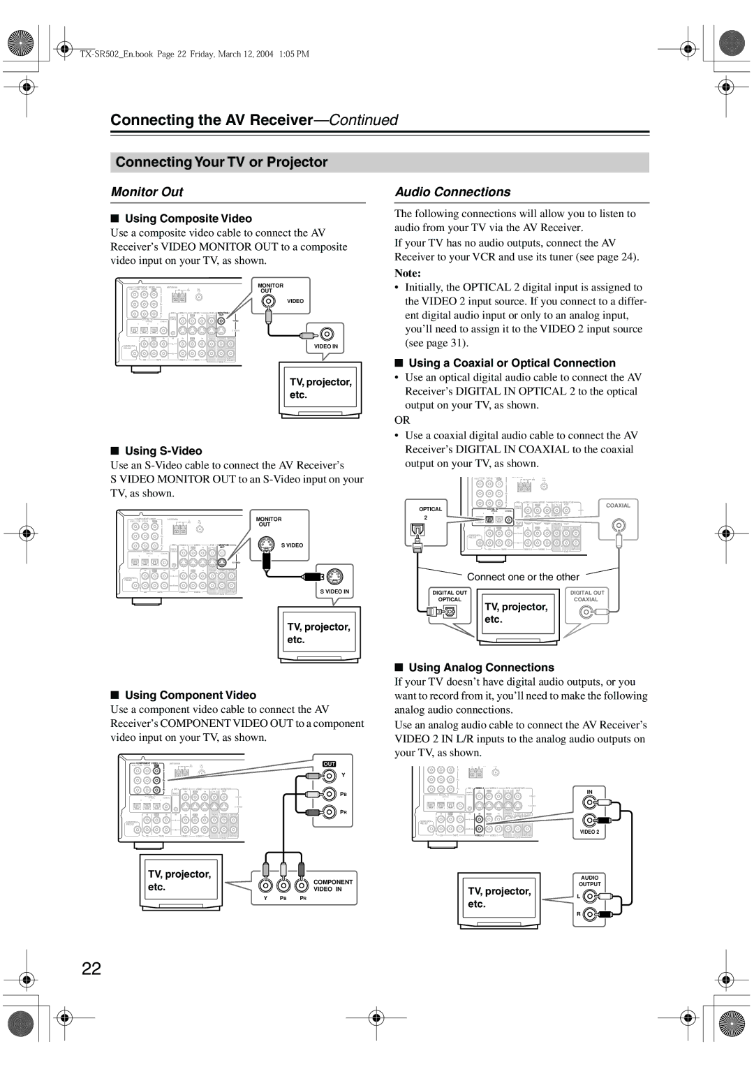 Onkyo TX-SR502E, TX-SR8250 instruction manual Connecting Your TV or Projector, Monitor Out Audio Connections 