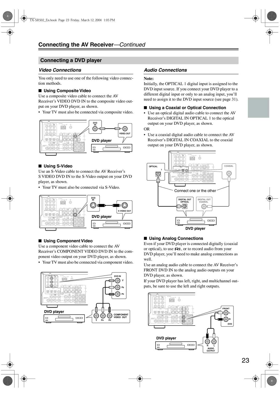 Onkyo TX-SR8250, TX-SR502E Connecting a DVD player, Video Connections, Your TV must also be connected via component video 