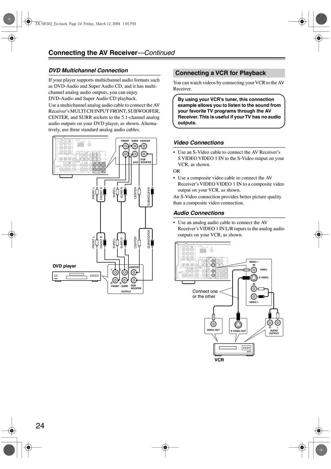 Onkyo TX-SR502E, TX-SR8250 instruction manual Connecting a VCR for Playback, DVD Multichannel Connection, Vcr 