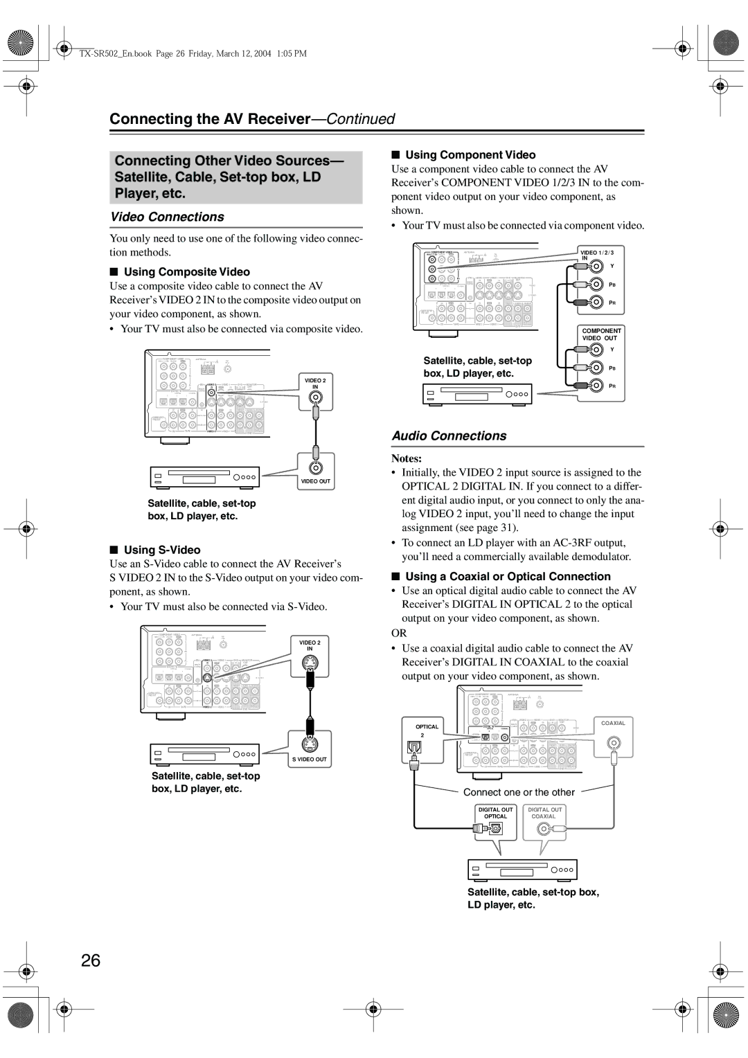 Onkyo TX-SR8250, TX-SR502E instruction manual Using Component Video, Satellite, cable, set-top box LD player, etc 