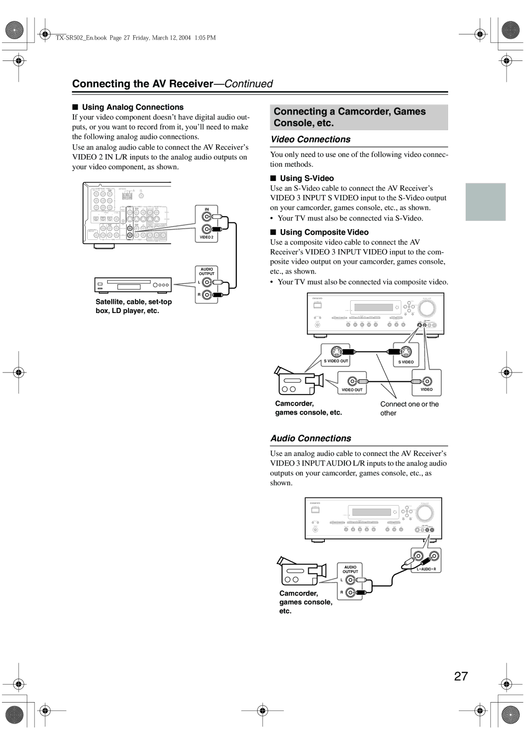 Onkyo TX-SR502E Connecting a Camcorder, Games Console, etc, Games console, etc Other, Camcorder, games console, etc 