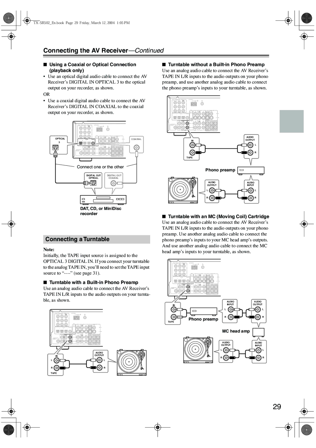 Onkyo TX-SR8250, TX-SR502E instruction manual Connecting a Turntable, Using a Coaxial or Optical Connection playback only 