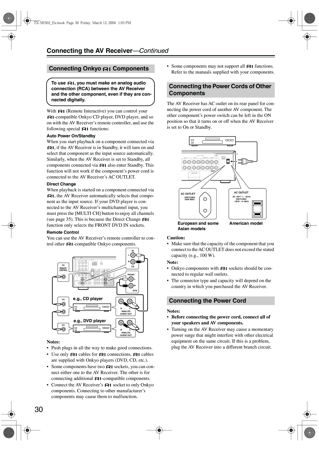 Onkyo TX-SR502E, TX-SR8250 instruction manual Connecting Onkyo Components, Connecting the Power Cords of Other Components 