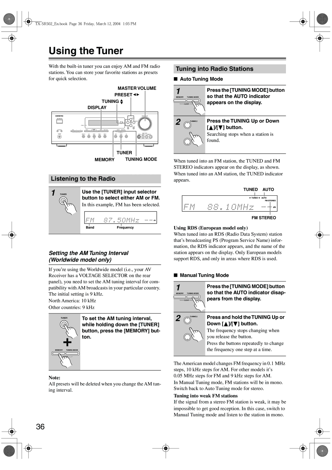 Onkyo TX-SR502E, TX-SR8250 instruction manual Using the Tuner, Listening to the Radio, Tuning into Radio Stations 