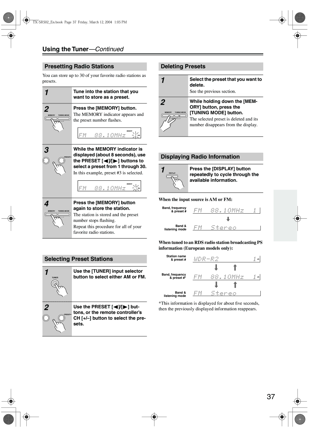 Onkyo TX-SR502E, TX-SR8250 Using the Tuner, Presetting Radio Stations, Selecting Preset Stations, Deleting Presets 