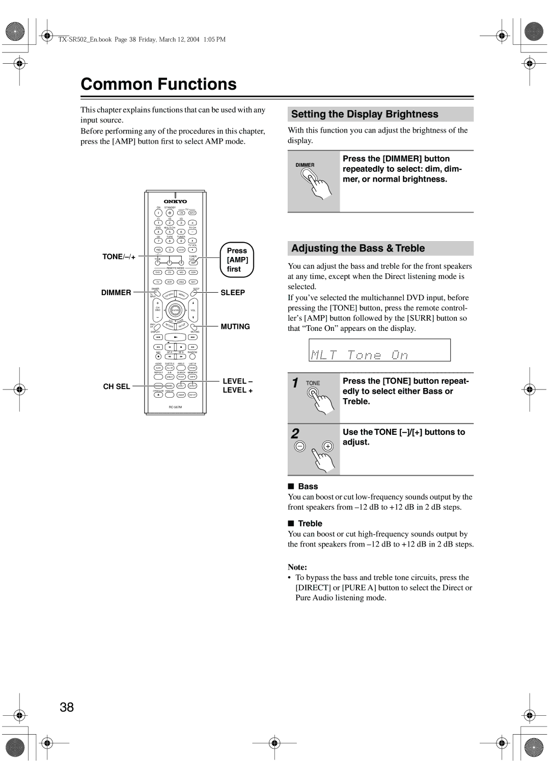 Onkyo TX-SR8250, TX-SR502E instruction manual Common Functions, Setting the Display Brightness, Adjusting the Bass & Treble 