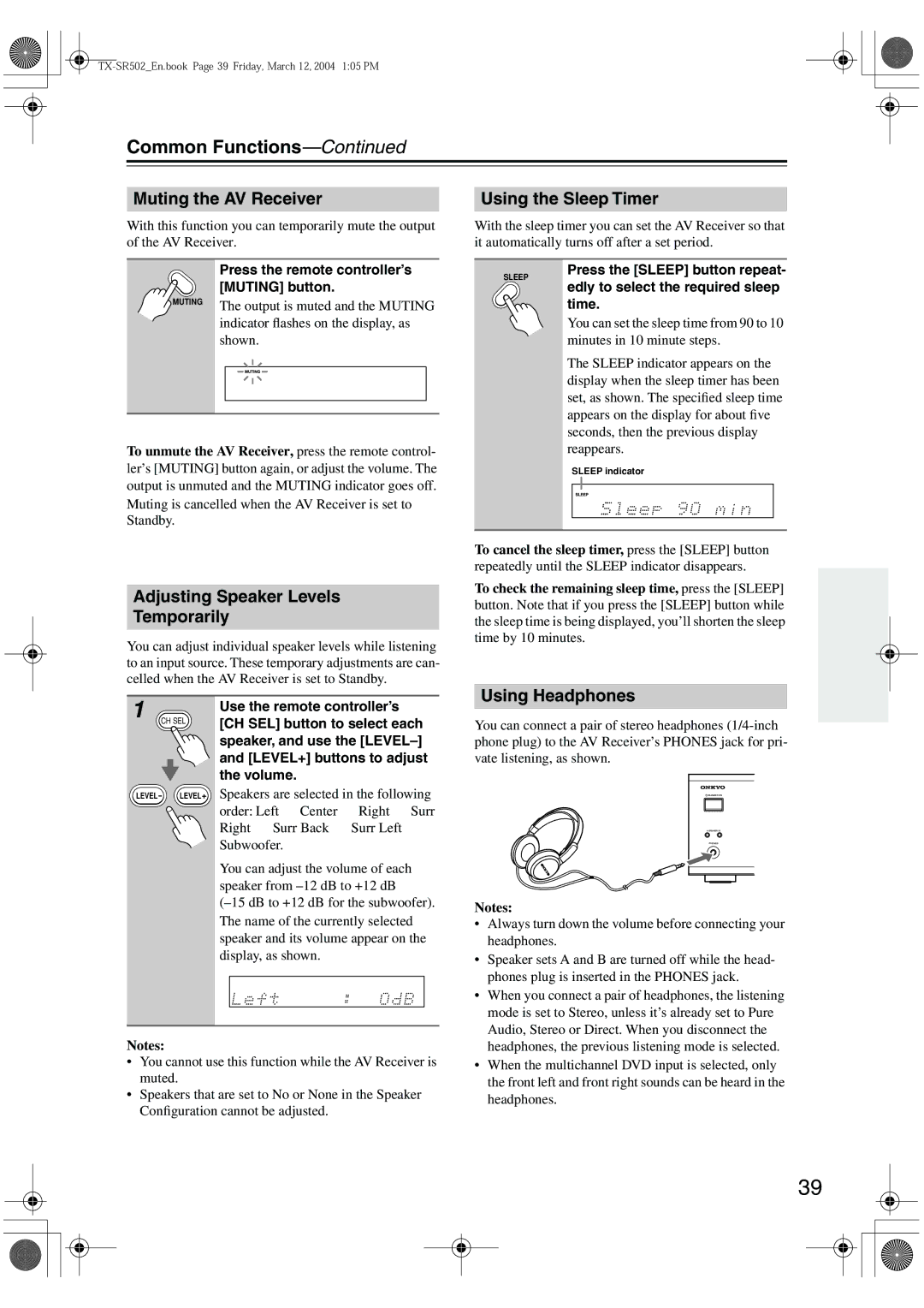 Onkyo TX-SR502E Common Functions, Muting the AV Receiver, Using the Sleep Timer, Adjusting Speaker Levels Temporarily 