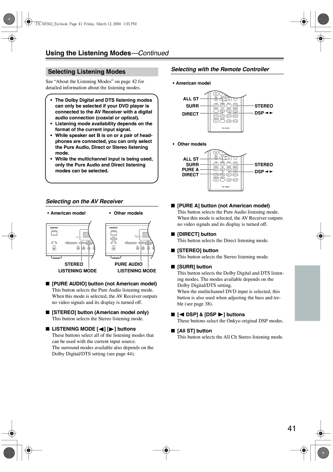 Onkyo TX-SR8250, TX-SR502E Using the Listening Modes, Selecting Listening Modes, Selecting with the Remote Controller 