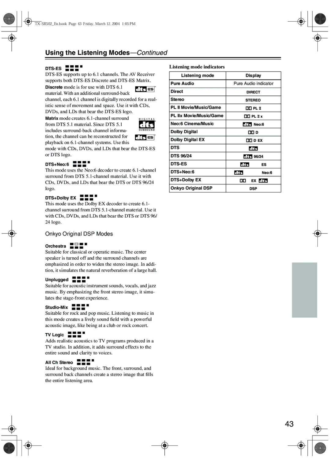 Onkyo TX-SR502E, TX-SR8250 instruction manual Onkyo Original DSP Modes, Listening mode indicators, Dts-Es 