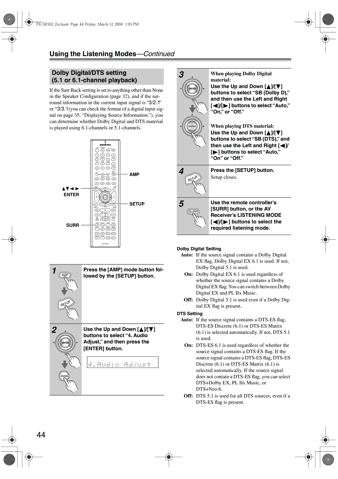 Onkyo TX-SR8250, TX-SR502E instruction manual Dolby Digital/DTS setting 5.1 or 6.1-channel playback 