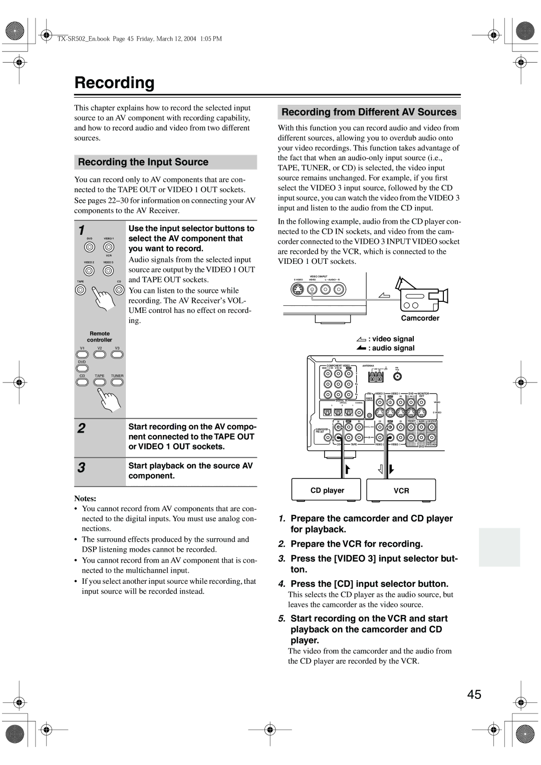 Onkyo TX-SR502E, TX-SR8250 instruction manual Recording the Input Source, Recording from Different AV Sources 