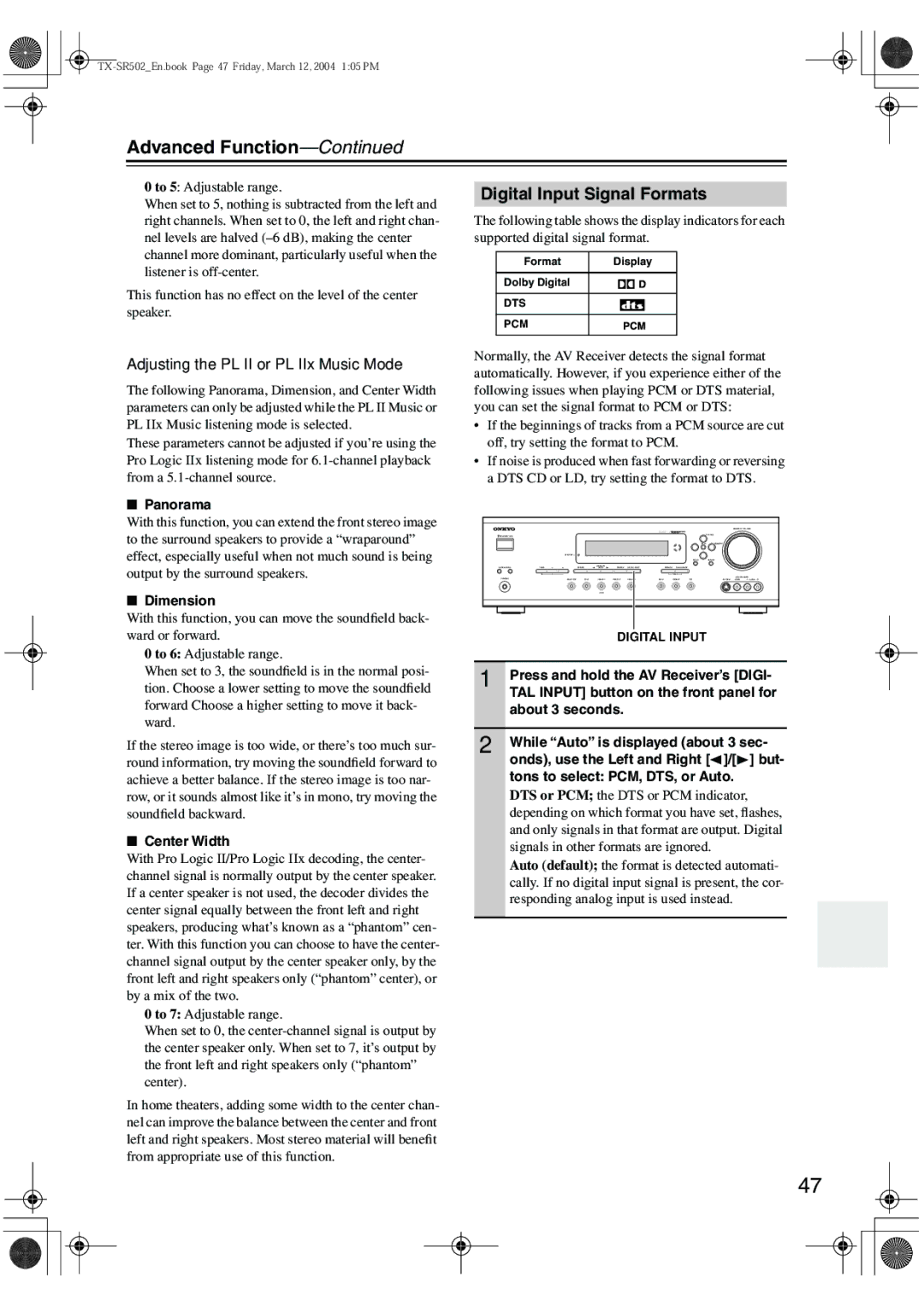 Onkyo TX-SR8250, TX-SR502E Advanced Function, Digital Input Signal Formats, Adjusting the PL II or PL IIx Music Mode 