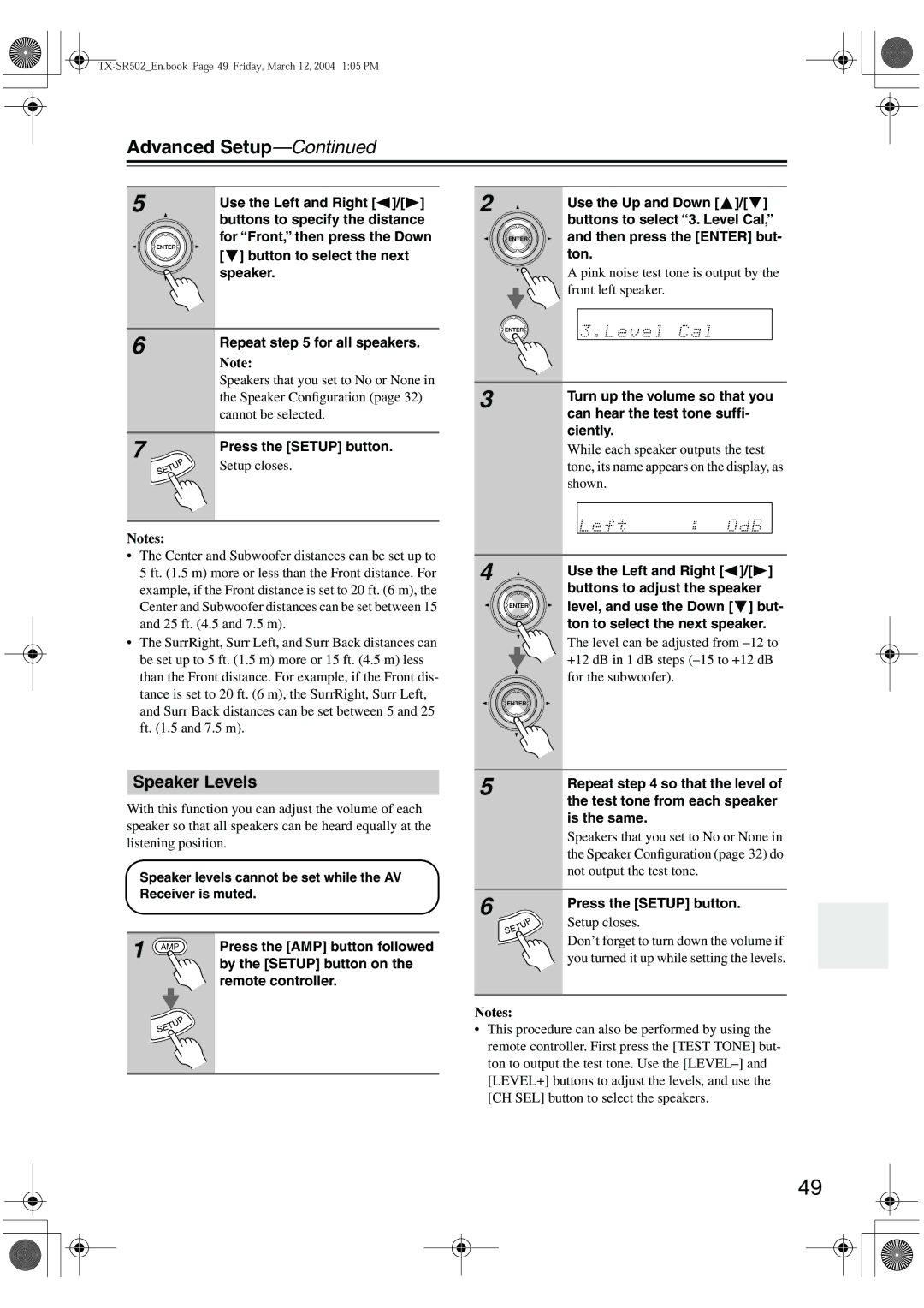 Onkyo TX-SR502E, TX-SR8250 instruction manual Advanced Setup, Speaker Levels 