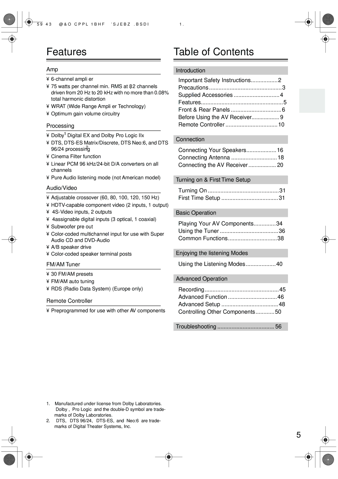 Onkyo TX-SR8250, TX-SR502E instruction manual Features, Table of Contents 