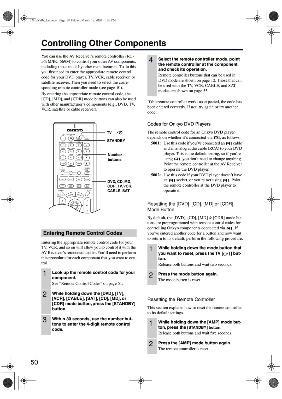 Onkyo TX-SR8250, TX-SR502E Controlling Other Components, Entering Remote Control Codes, Codes for Onkyo DVD Players 