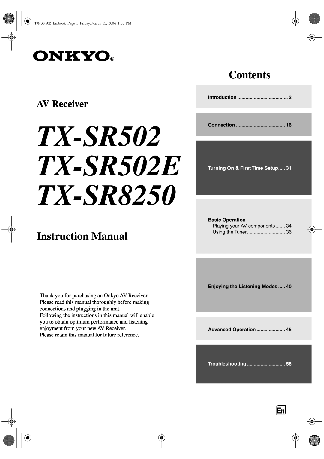 Onkyo instruction manual TX-SR502 TX-SR502E TX-SR8250, Instruction Manual, Contents, AV Receiver 