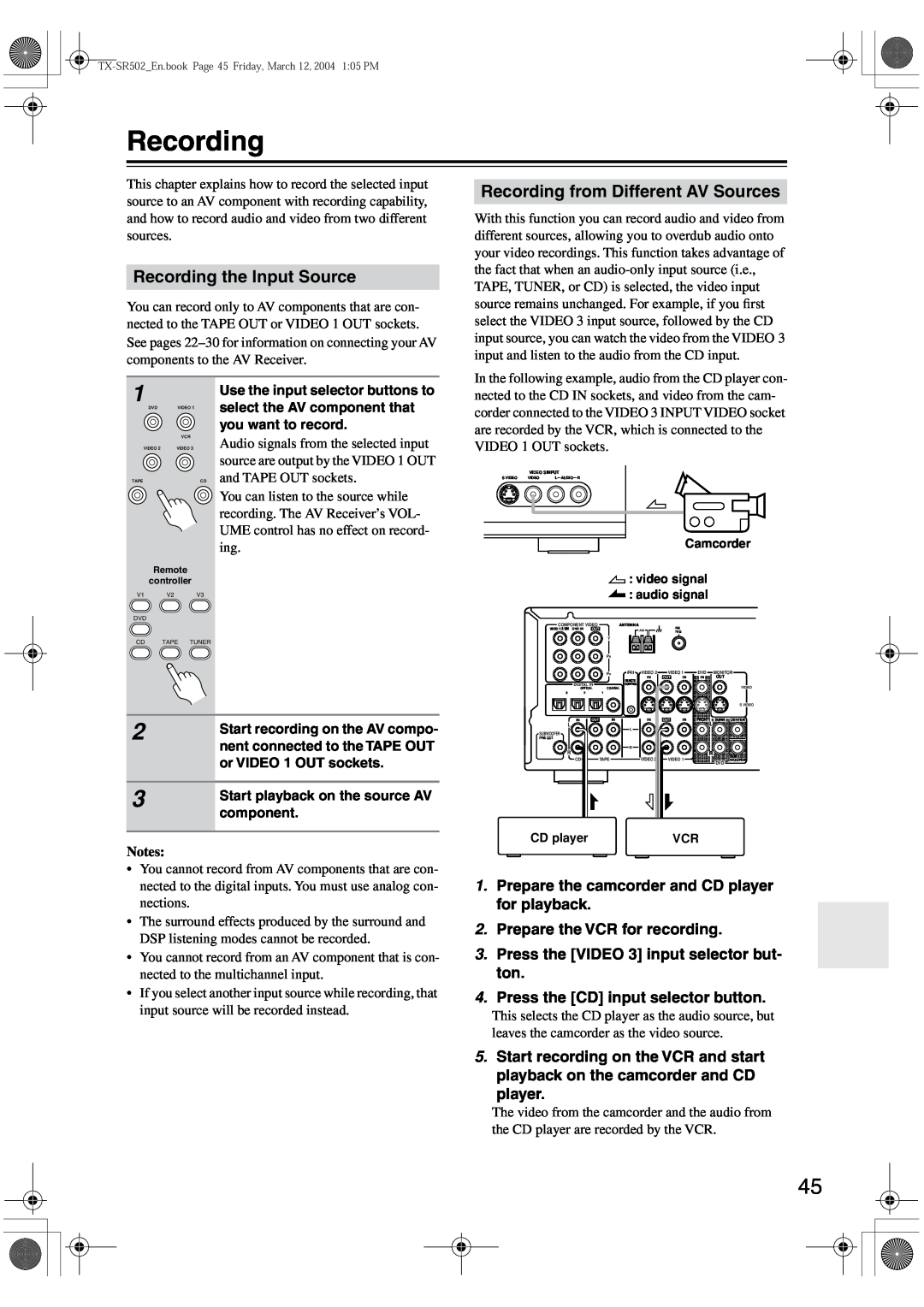 Onkyo TX-SR502E, TX-SR8250 instruction manual Recording the Input Source, Recording from Different AV Sources, Notes 