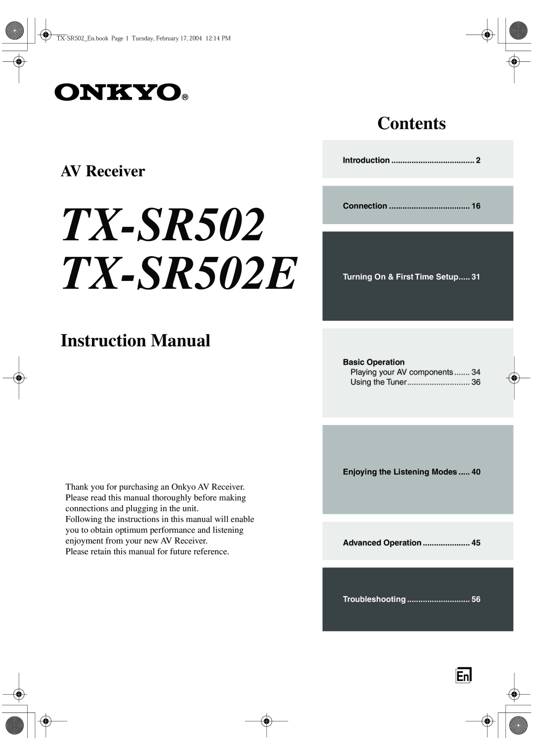 Onkyo instruction manual TX-SR502 TX-SR502E 