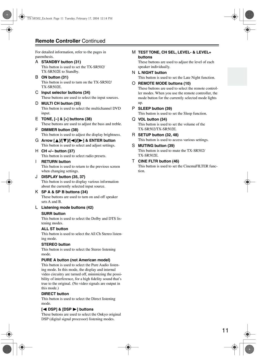 Onkyo TX-SR502E instruction manual Remote Controller 