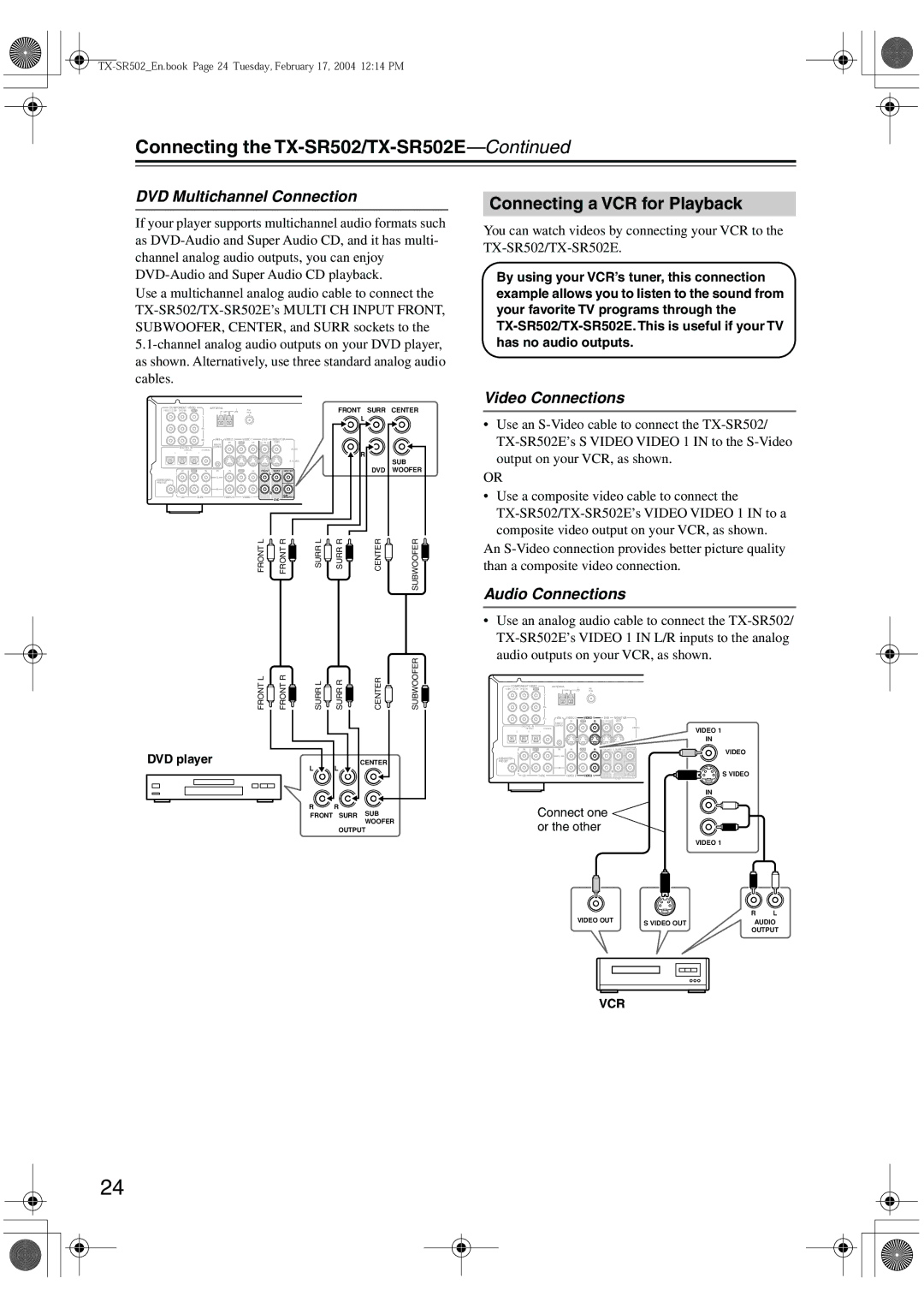 Onkyo TX-SR502E instruction manual Connecting a VCR for Playback, DVD Multichannel Connection, Vcr 