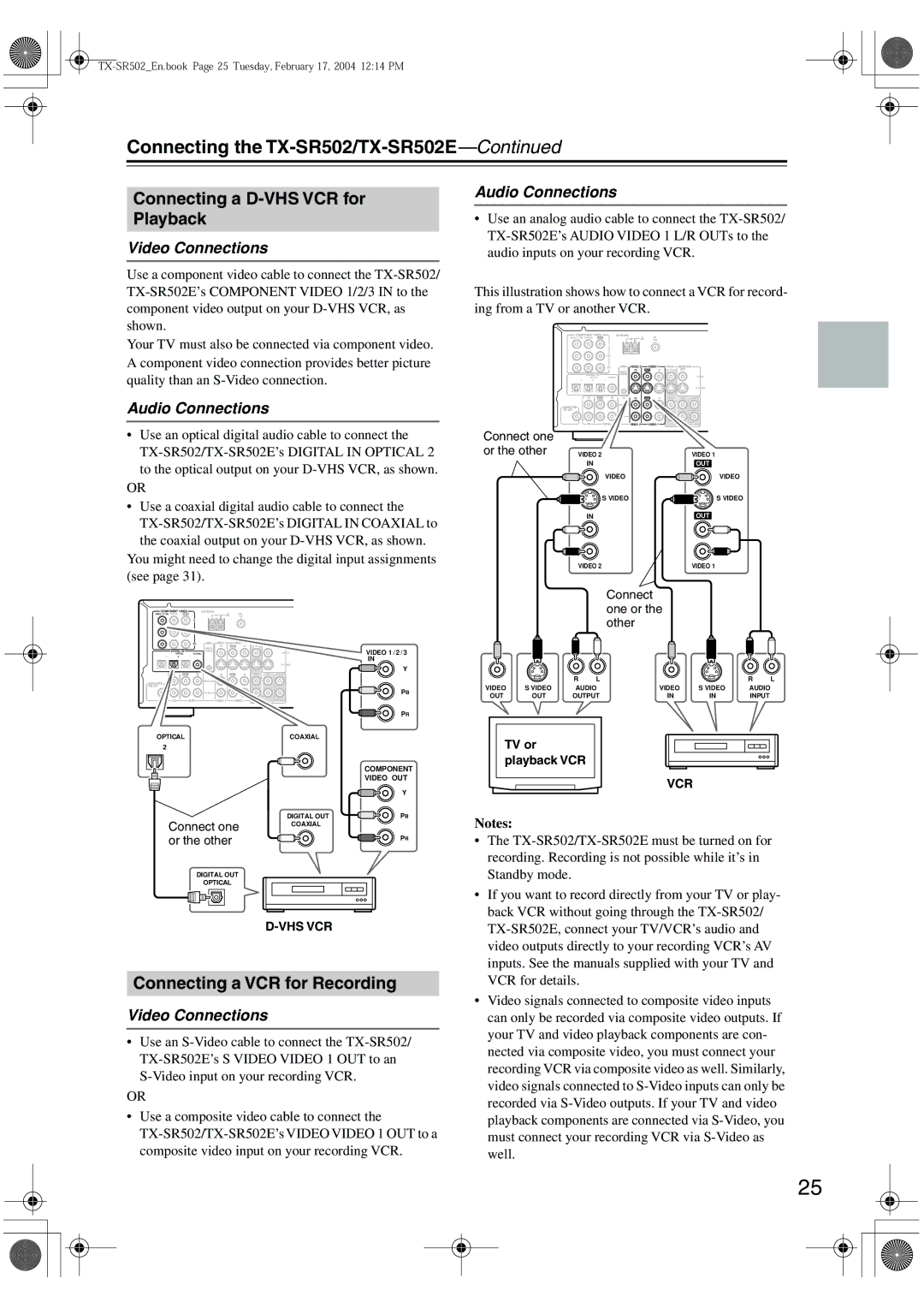 Onkyo TX-SR502 Connecting a D-VHS VCR for Playback, Connecting a VCR for Recording, Video Connections Audio Connections 