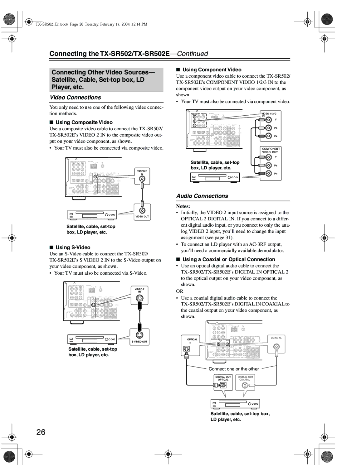 Onkyo TX-SR502E instruction manual Using Component Video, Satellite, cable, set-top box LD player, etc 